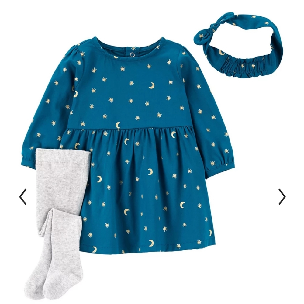 NWT Baby Girl Carter's 3-Piece Moon & Starts Dress, Headband & Socks Set